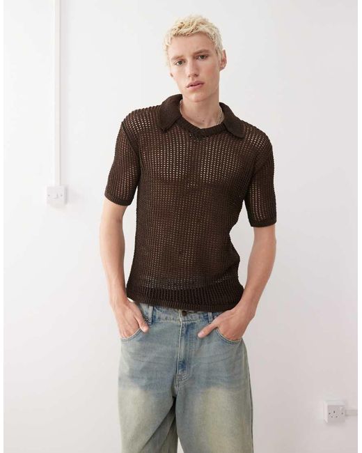 Reclaimed Vintage Brown Open Stitch Knit Polo Shirt for men