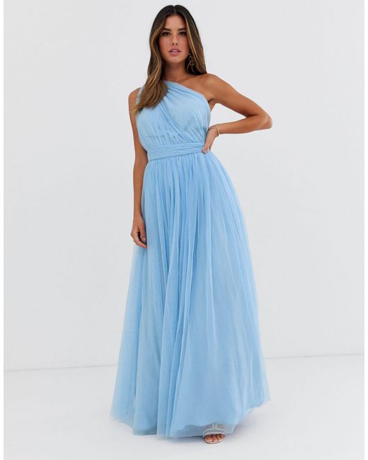 ASOS One Shoulder Tulle Maxi Dress in Blue | Lyst