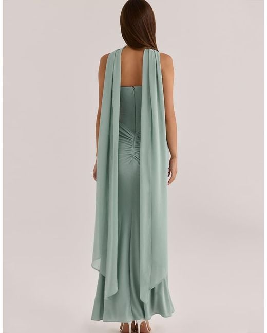 House Of Cb Blue Portia Jade Crepe Strapless Maxi Dress With Detachable Georgette Cape