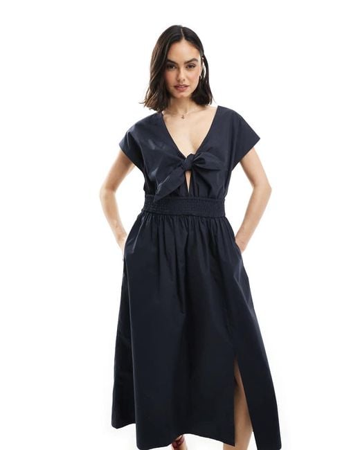 French Connection Blue Barletta Cotton Poplin Tie Midi Dress