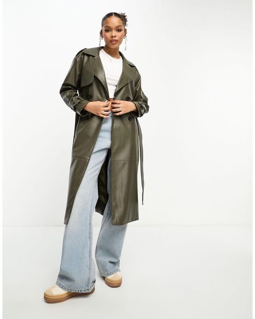 Pull&Bear White Belted Faux Leather Trench Coat