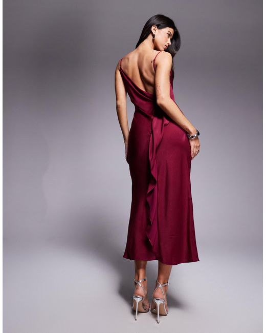 ASOS Red Satin Drape Ruffle Detail Midi Dress With Asymmetric Back