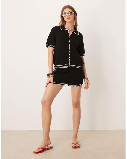 ASOS Black Knitted Beach Co Ord Button Through Top With Contrast Scallop Stitch