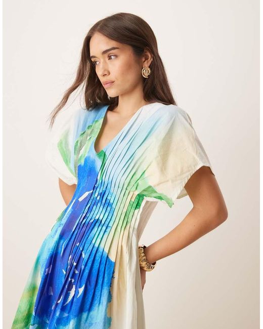 ASOS Midi-Jurk Met V-Hals, Korte Mouwen En Smalle Plat Gestikte Plooien in het Blue