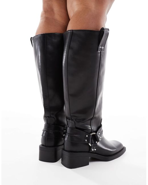 ASOS Black Curve – camila – flache, kniehohe bikerstiefel