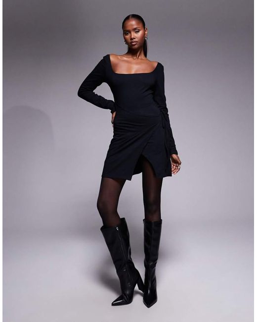 Fashionkilla Katoenrijke Mini-Jurk Met Vierkante Hals, Lange Mouwen En Gestrikte Taille Met Overslag in het Blue