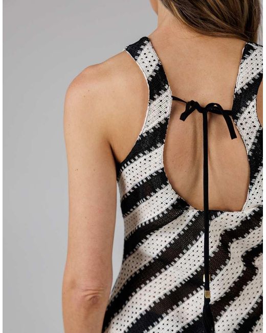 French Connection Gray Cotton Blend Stripe Crochet Scoop Neck Tie Back Midi Dress