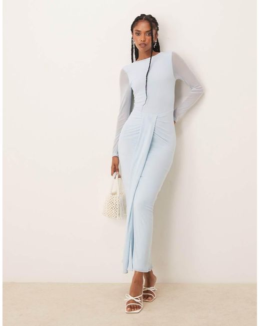 ASOS Maxi Jurk Van Mesh Met Lange Mouwen, Rechte Hals En Open Achterkant in het Natural