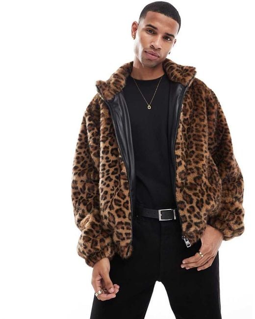 Bershka Black Leopard Faux Fur Coat for men