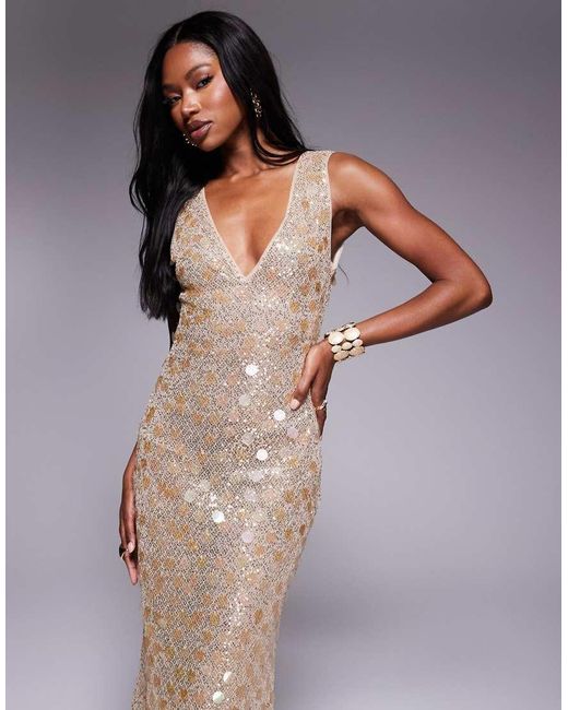ASOS Metallic Statement Embellished Textured Plunge Maxi Dress With Mixed Sequins