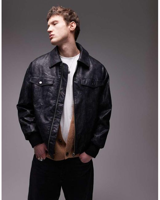 Topman Gray Distressed Faux Leather Oversized Bomber for men