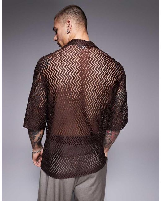 ASOS Brown Boxy Revere Shirt Crochet Shirt for men