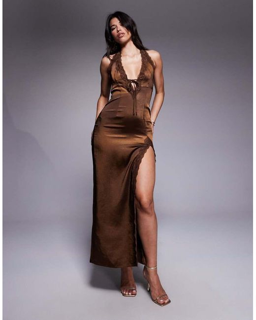 The Frolic Brown Exclusive Satin Lace Trim Plunge Tie Detail Maxi Dress