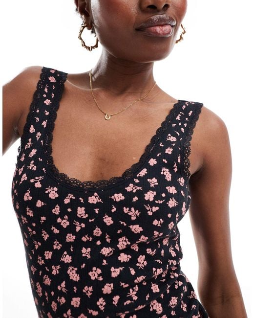 Monki Black Pointelle Scoop Neck Vest Top With Lace Trim
