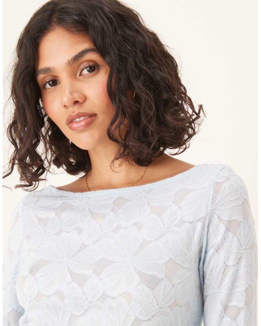 Gina Tricot Natural Sheer Structured Long Sleeve Lace Jersey Top With Fluted Sleeves