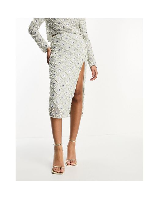 ASOS Natural Embellished Sequin And Pearl Midi Skirt With Split Detail Co-ord