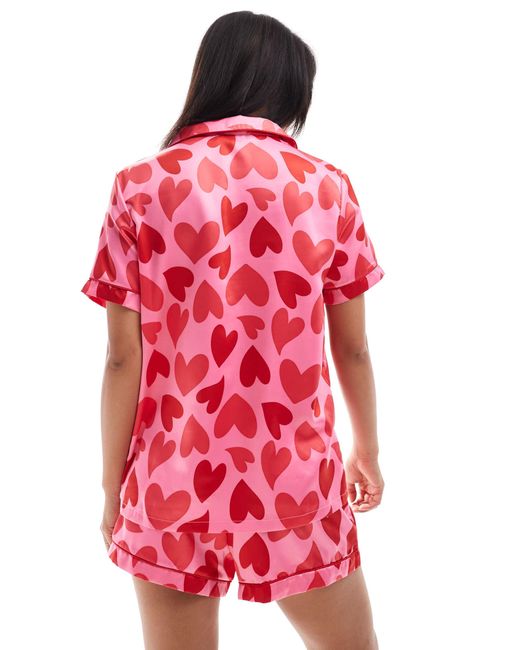 Loungeable Red Satin Revere Short Sleeve And Short Pyjama Set