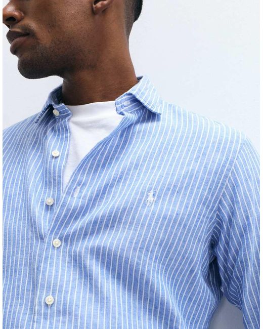 Polo Ralph Lauren Blue Striped Long Sleeve Button Up Custom Fit Shirt for men