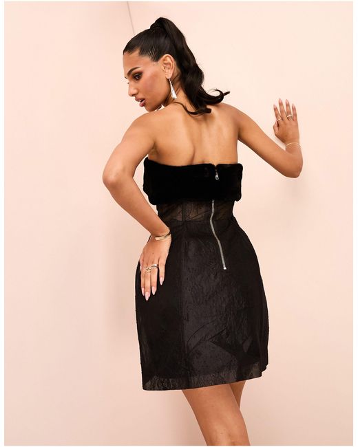 ASOS Black Corseted Lace Caged Skirt Mini Dress With Faux Fur Bust