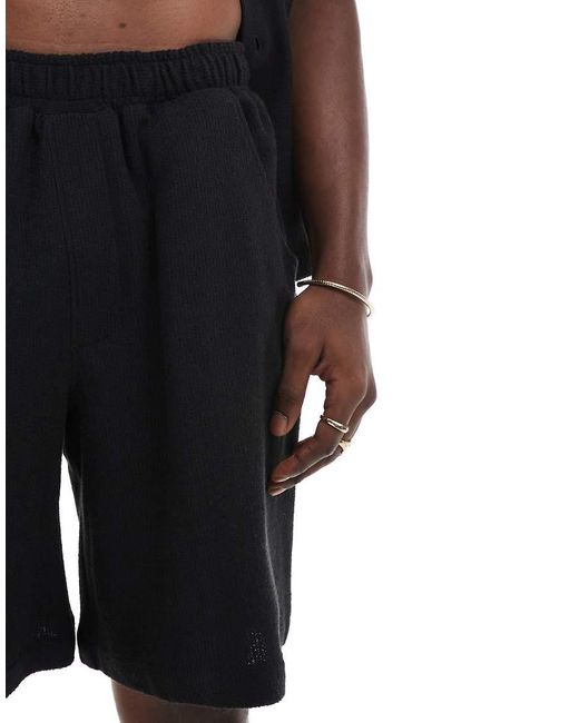 Pull&Bear Black Textured Towelling Shorts Co-ord for men