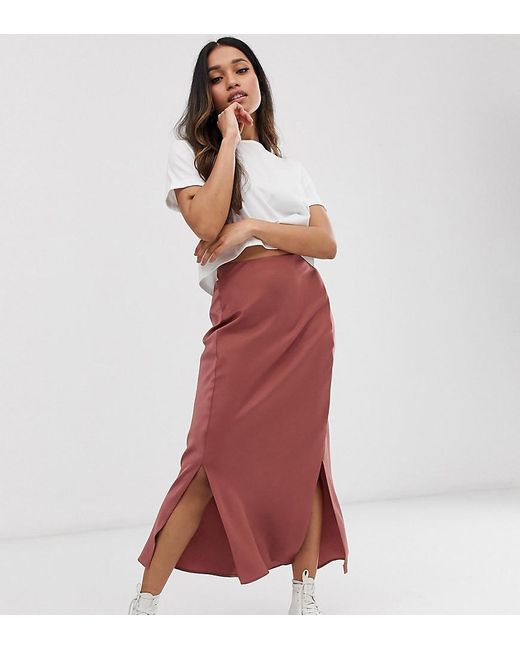 ASOS Asos Design Petite Bias Cut Satin Midi Skirt With Splits in Brown |  Lyst