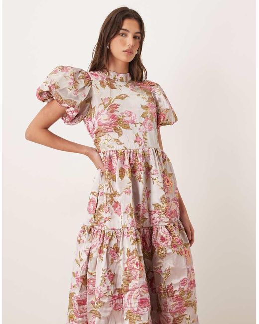 Sister Jane Pink Dream Almost Bloom Jacquard Puff Sleeve Tiered Ruffle Hem Midi Dress