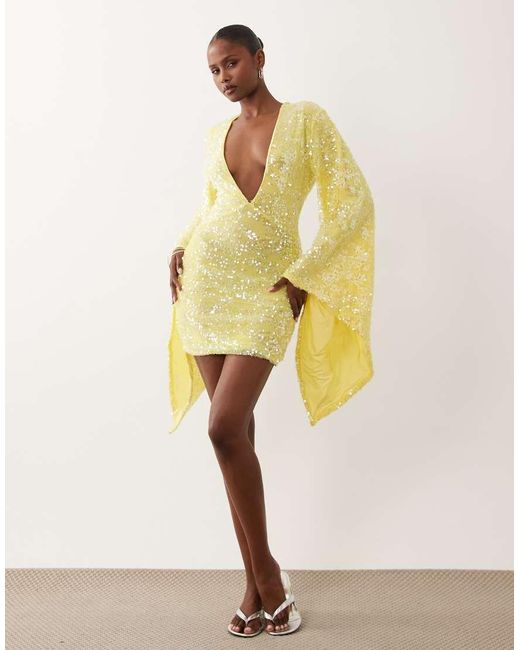 ASOS Yellow Sequin Plisse Batwing Mini Dress With Ruching Detail