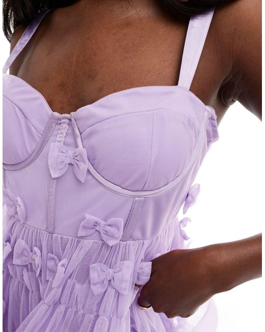 LACE & BEADS Purple Corset Tulle Mini Dress With Bow Applique