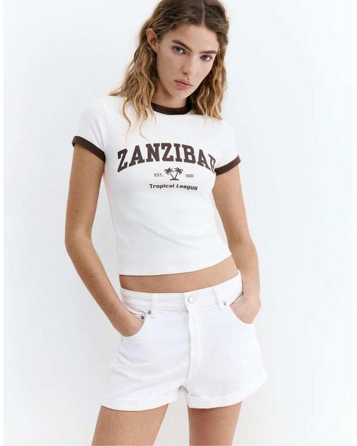 Pull&Bear White Ribbed T-shirt With Graphic