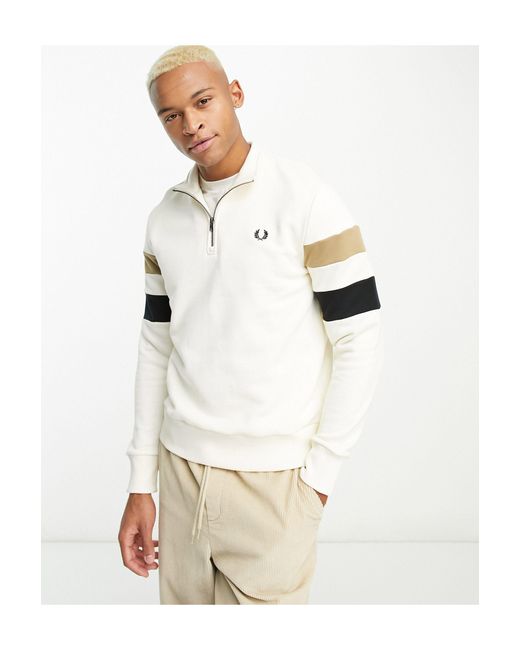 Fred Perry Tipped Quarter Zip Sweatshirt in White for Men | Lyst