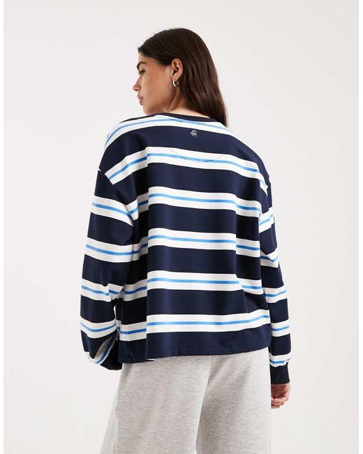 4th & Reckless Blue Cotton Rich Embroidered Logo Crew Neck Oversized Long Sleeve Oversized T-Shirt