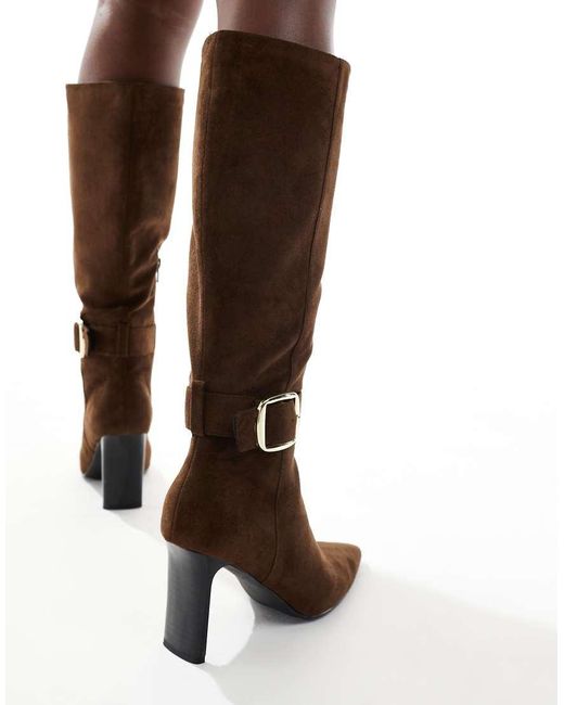 London Rebel Brown Leah Kitten Heel Knee Boots With Buckle Detail