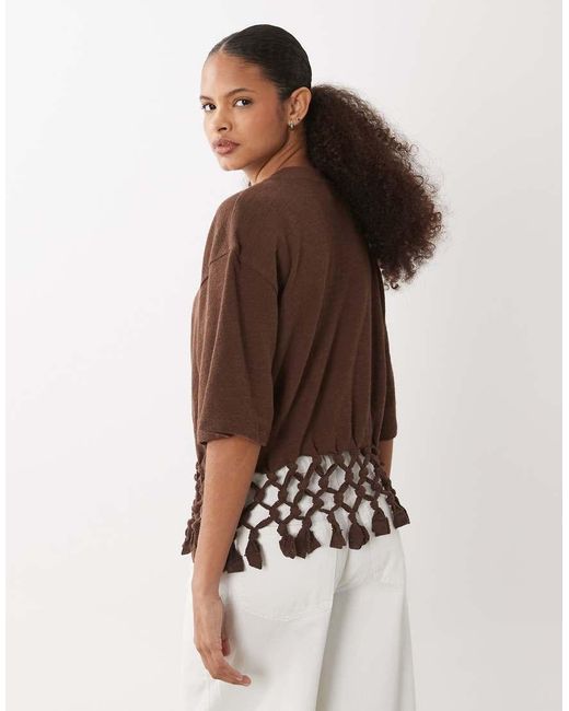 ASOS Brown Boxy T-Shirt With Macrame Hem