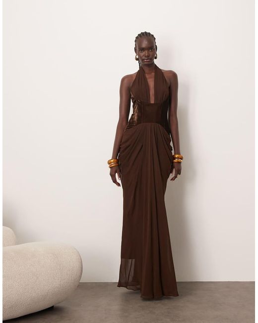 ARRANGE Brown Velvet Plunge Halter Cinch Waist Maxi Dress With Train