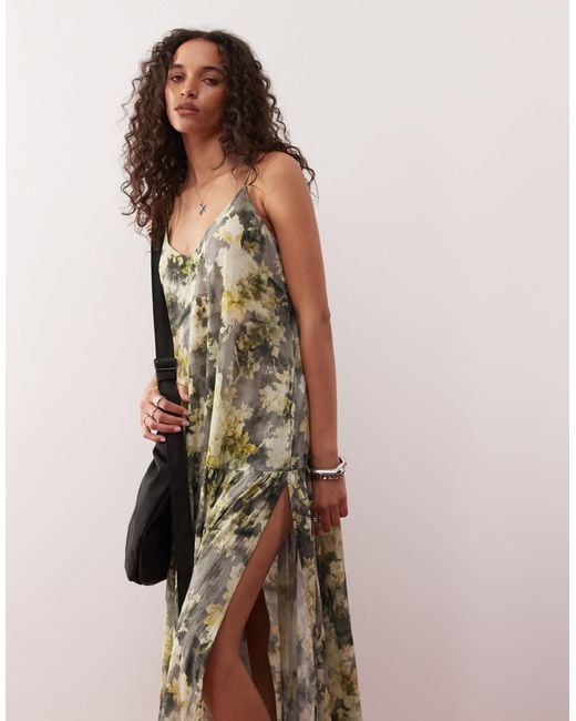 Monki Pink Crinkled Tiered Floaty Maxi Dress With Low Tie Back Detail