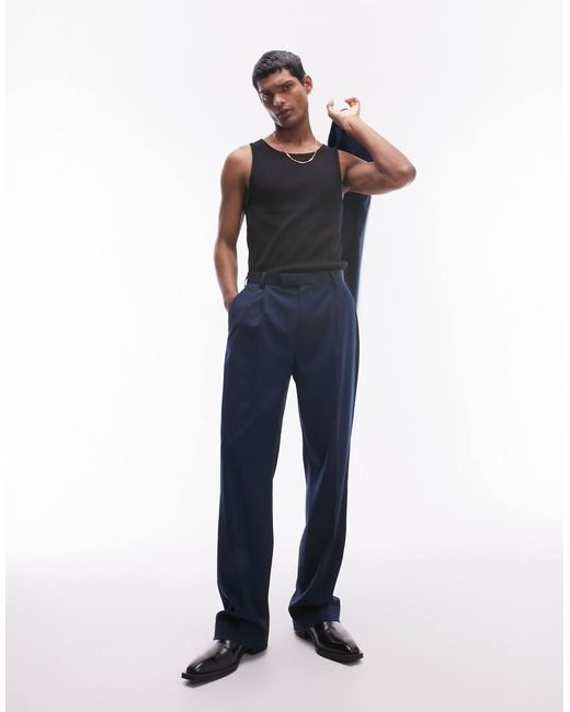 Topman Blue Straight Highwaist Relaxed Trousers for men