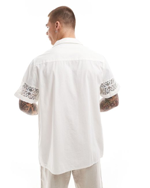 ASOS White Short Sleeve Relaxed Revere Shirt With Lace Panels for men