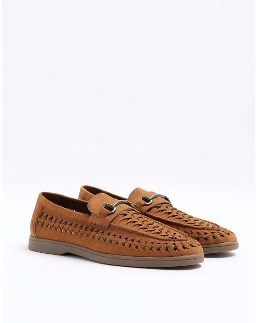 River Island Brown Suede Woven Chain Loafers for men
