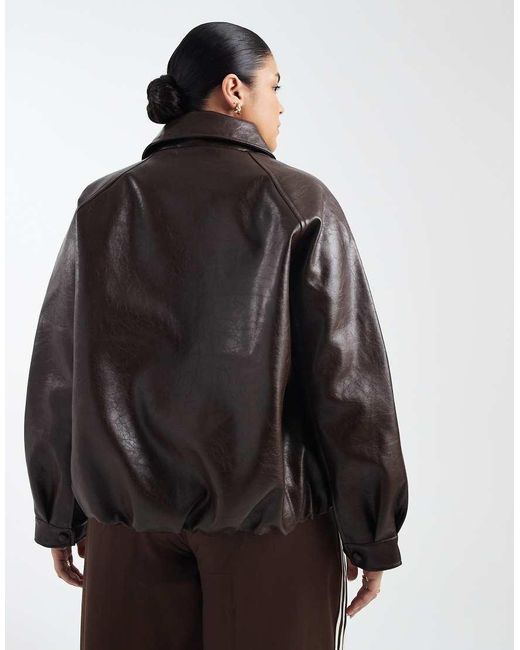 ASOS Brown Asos Design Curve Leather Look Oversized Bomber Jacket