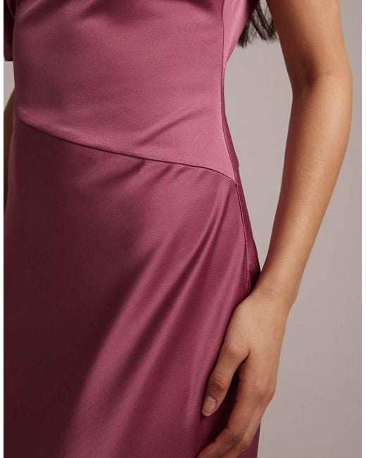Six Stories Pink Bridesmaids Satin Asymmetric Off Shoulder Maxi Dress