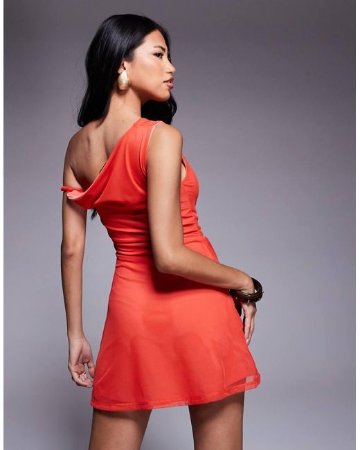 ASOS Red Mesh Twisted Shoulder Mini Dress With Softline Skirt