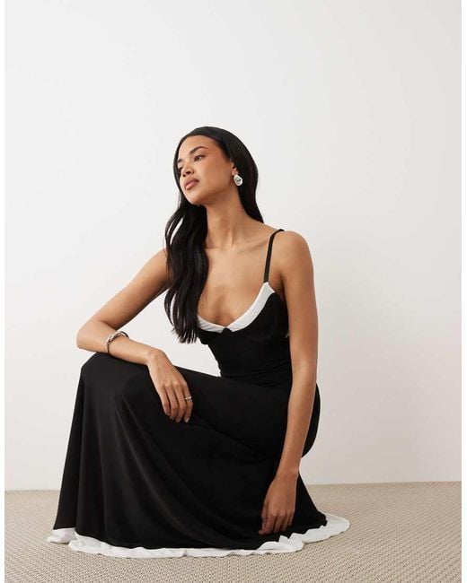 ASOS Black Monochrome High Low Hem Mesh Midi Length Dress With Peek A Boo Hem