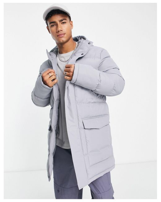 French Connection Blue Longline Padded Parka With Hood for men