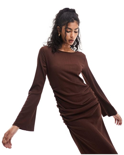 Y.A.S Brown Ruched Side Textured Jersey Maxi Dress With Flared Sleeves