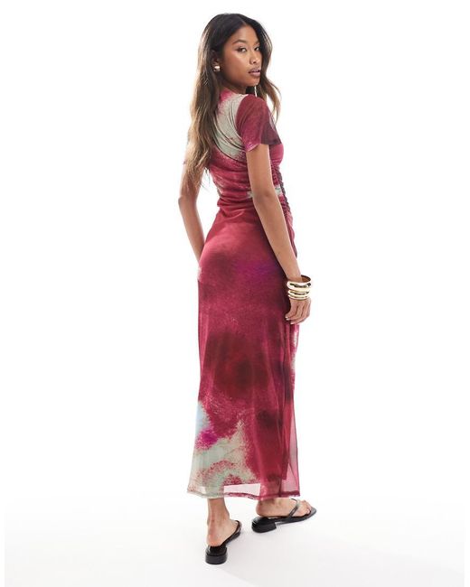 ASOS Gedrapeerde Midi Jurk Van Mesh Met Korte Mouwen En Rimpeleffect in het Red