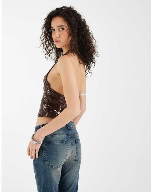 Motel Brown Cosio Halter Mixed Sequin Top