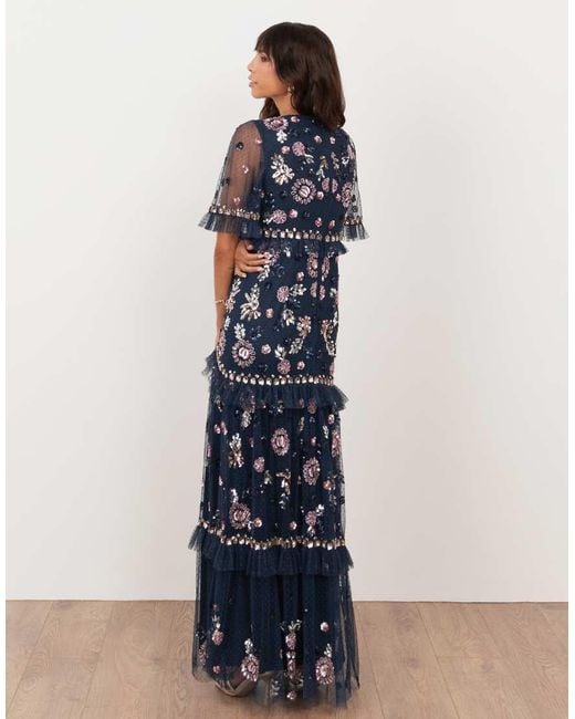 Maya Blue Embellished Short Sleeve Spot Mesh Maxi Dress