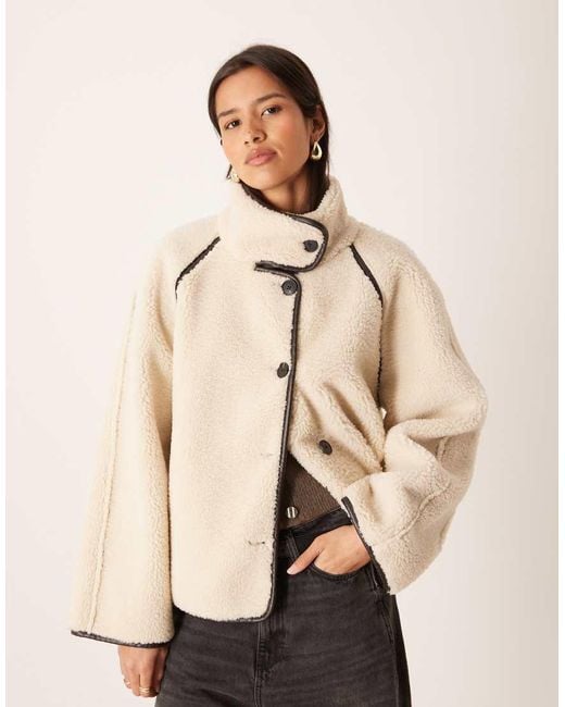 Gina Tricot Natural Oversized Reversible Borg Jacket With High Funnel Neck