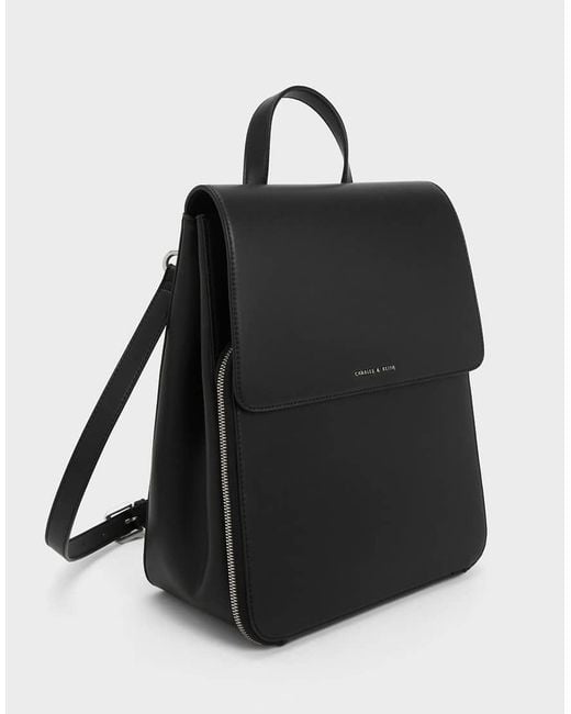 Charles & Keith Black Octavia Front Flap Structured Backpack