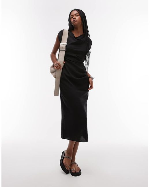 Mango White Cap Sleeve Midi Dress With Ruched Side